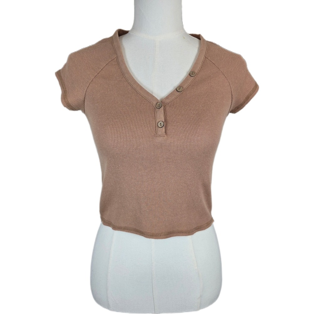 Roxy Brown Waffle Knit Short Sleeve V-Neck Crop Top